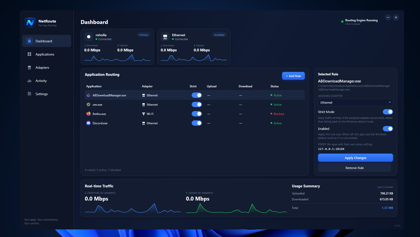 NetRoute dashboard showing application routing rules, adapters, and real-time traffic